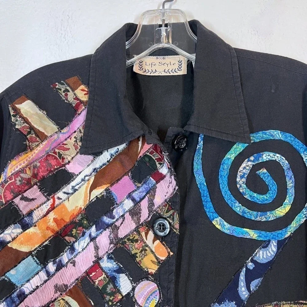 Embroidered Jacket Patchwork Black Button Down Artsy Wearable Art Small